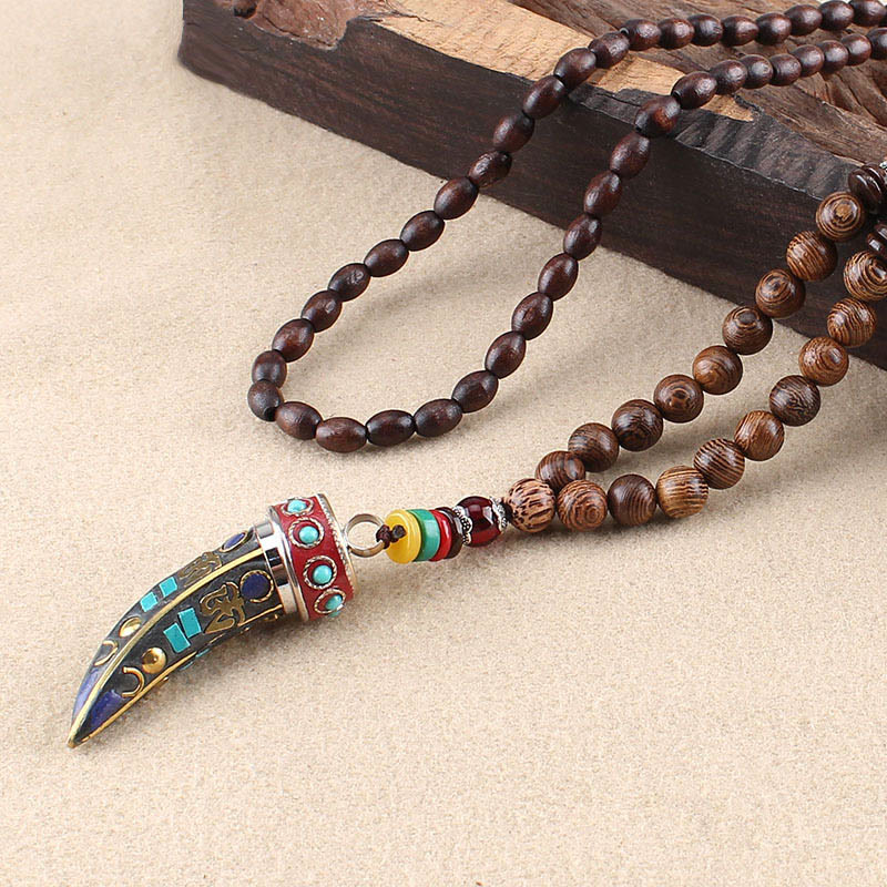 Buddha Stones Tibet Wenge Legno Om Mani Padme Hum Simbolo OM Mantra Corno Modello Protezione Collana Pendente - Legno Wenge e Mantra Om - image 13