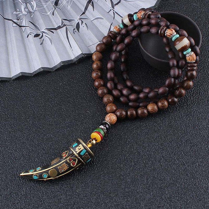Buddha Stones Tibet Wenge Legno Om Mani Padme Hum Simbolo OM Mantra Corno Modello Protezione Collana Pendente - image 4