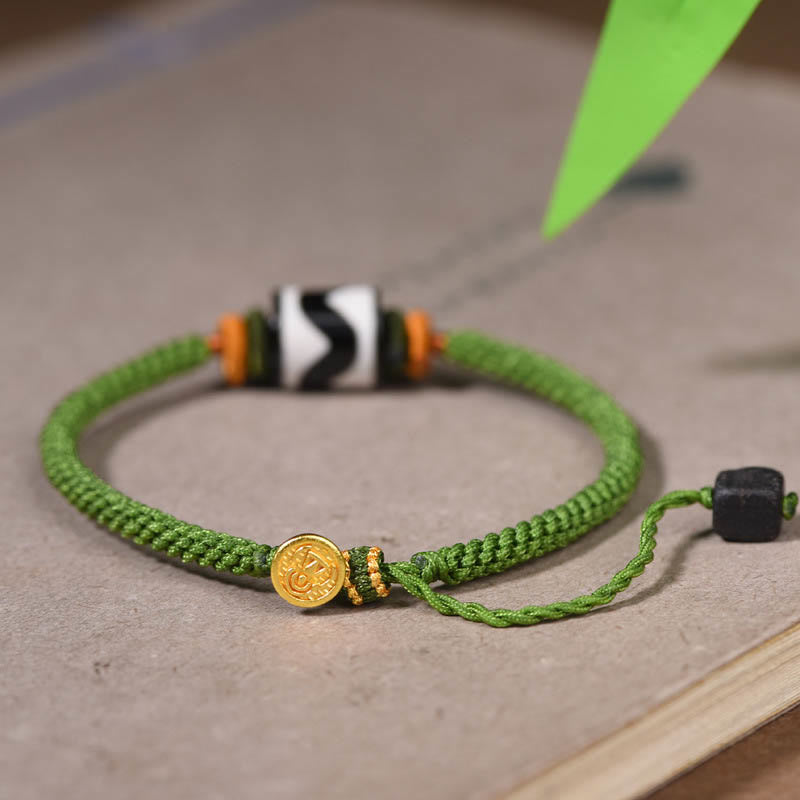 Braccialetto di corda verde intrecciata con perline tibetane Dzi fatte a mano di Buddha Stones