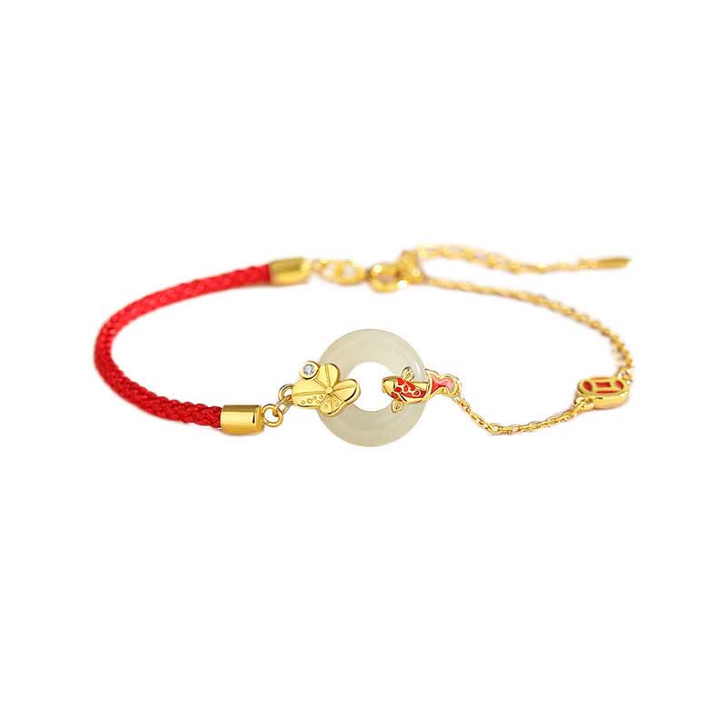 Braccialetto in corda rossa Buddha Stones fibbia della pace in argento sterling 925 fatto a mano in giada Hetian cinese con pesce rosso