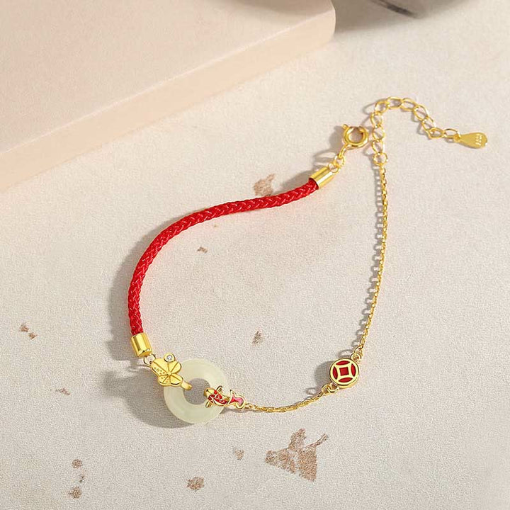 Braccialetto in corda rossa Buddha Stones fibbia della pace in argento sterling 925 fatto a mano in giada Hetian cinese con pesce rosso
