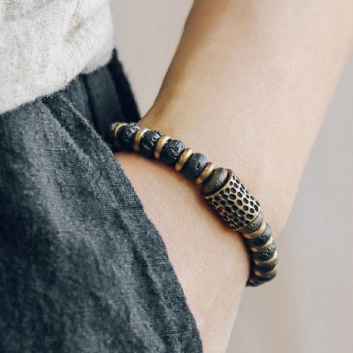 Braccialetto in rame calmo con perline di roccia lavica vintage Buddha Stones