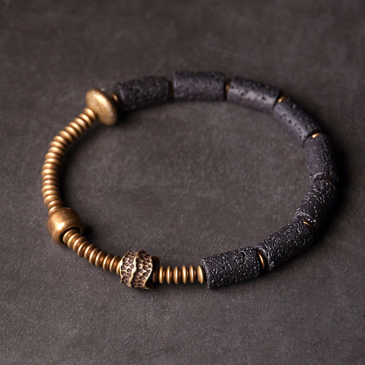 Braccialetto di rame con perle di lava nera, Buddha Stones, fortuna e ricchezza
