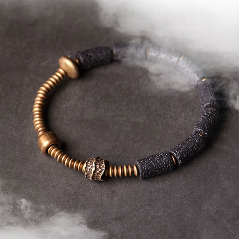 Braccialetto di rame con perle di lava nera, Buddha Stones, fortuna e ricchezza