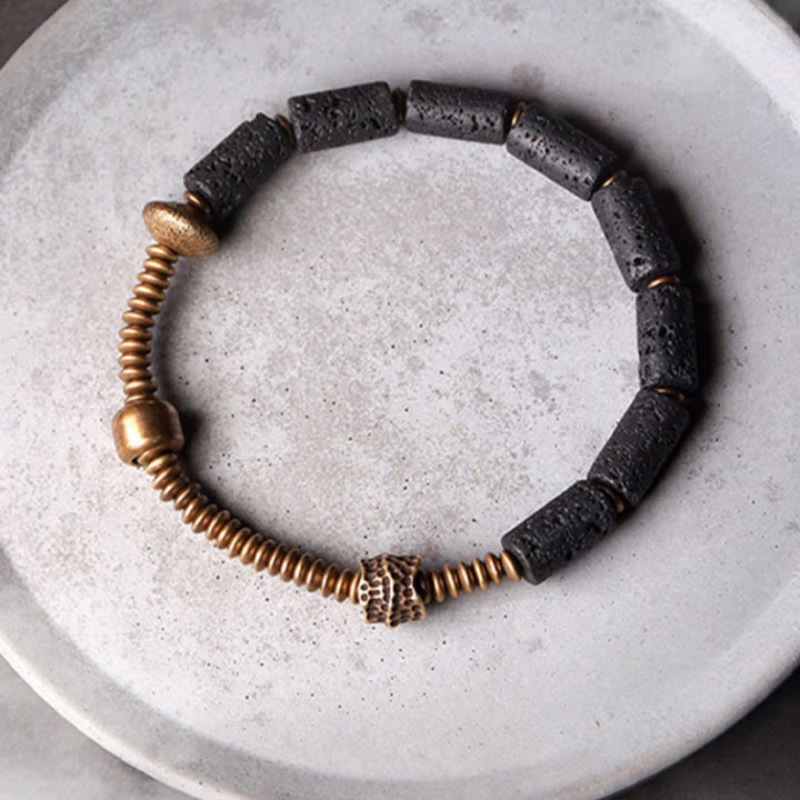 Braccialetto di rame con perle di lava nera, Buddha Stones, fortuna e ricchezza