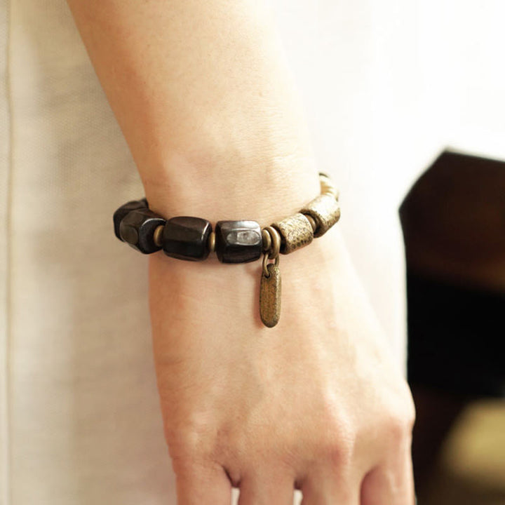 Braccialetto di perline di rame in legno di ebano Buddha Stones, vintage, pace