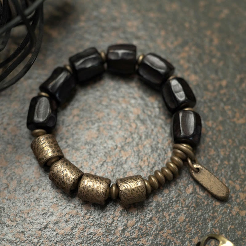 Braccialetto di perline di rame in legno di ebano Buddha Stones, vintage, pace