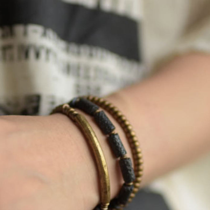 Bracciale avvolgente multistrato in perline di rame e roccia lavica vintage Buddha Stones