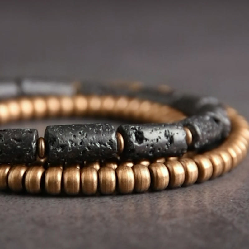 Bracciale avvolgente multistrato in perline di rame e roccia lavica vintage Buddha Stones