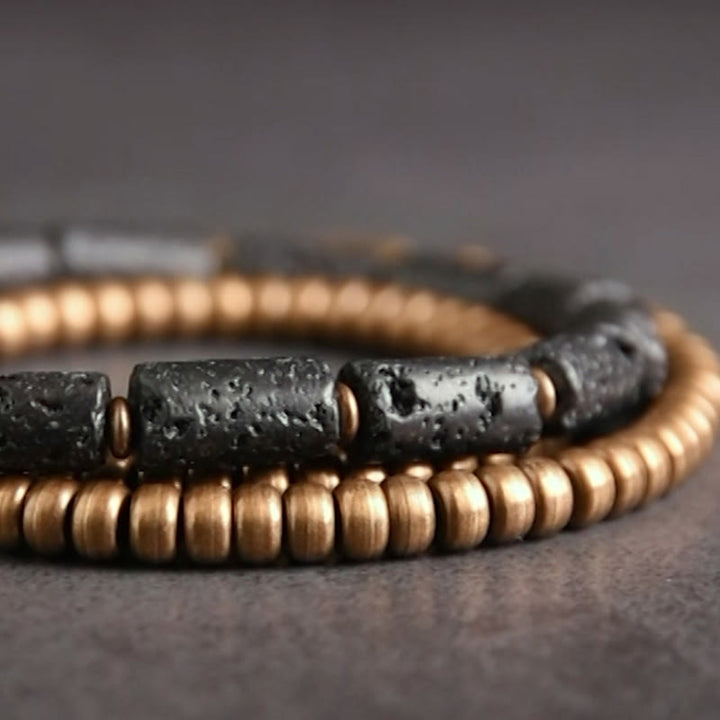 Bracciale avvolgente multistrato in perline di rame e roccia lavica vintage Buddha Stones