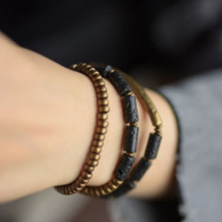 Bracciale avvolgente multistrato in perline di rame e roccia lavica vintage Buddha Stones