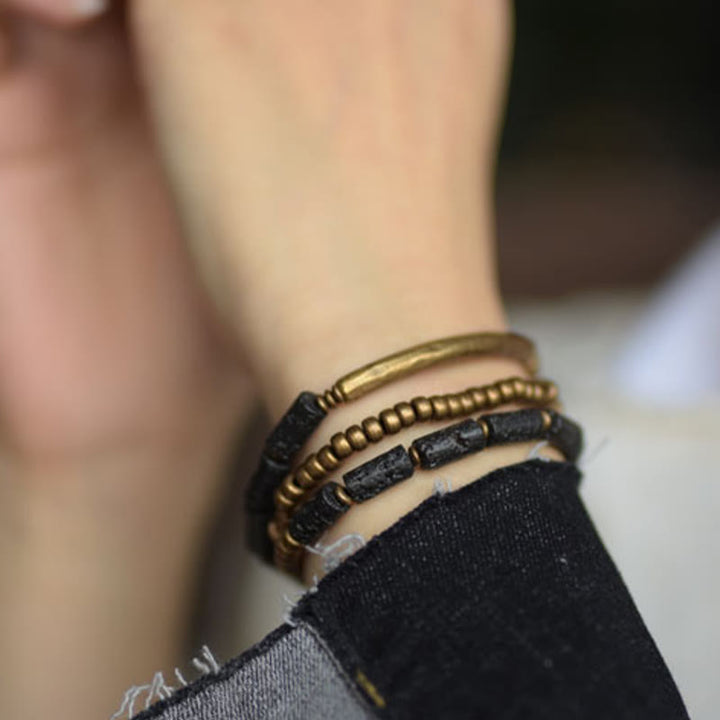 Bracciale avvolgente multistrato in perline di rame e roccia lavica vintage Buddha Stones