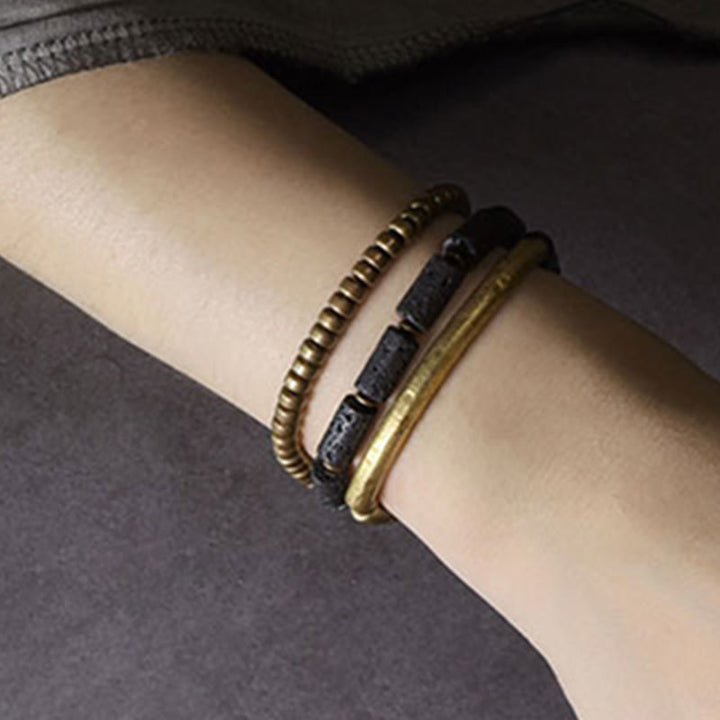 Bracciale avvolgente multistrato in perline di rame e roccia lavica vintage Buddha Stones