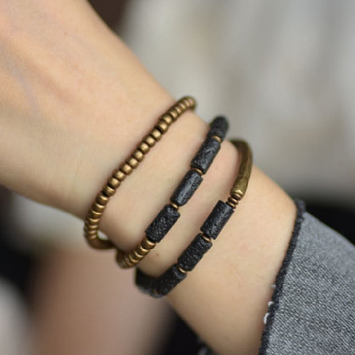 Bracciale avvolgente multistrato in perline di rame e roccia lavica vintage Buddha Stones