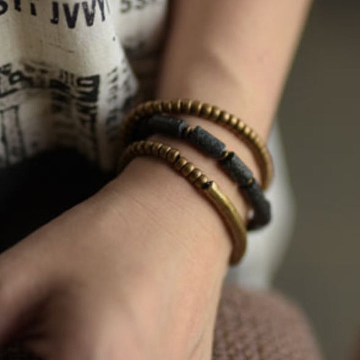 Bracciale avvolgente multistrato in perline di rame e roccia lavica vintage Buddha Stones