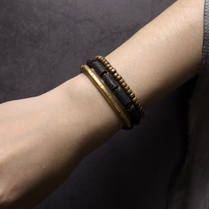 Bracciale avvolgente multistrato in perline di rame e roccia lavica vintage Buddha Stones