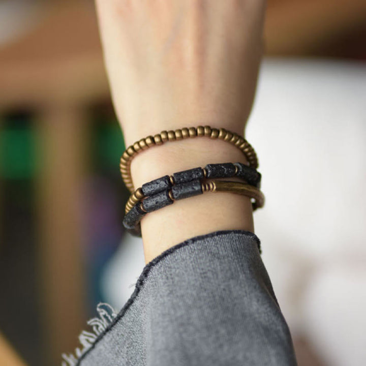 Bracciale avvolgente multistrato in perline di rame e roccia lavica vintage Buddha Stones
