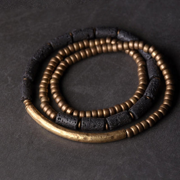 Bracciale avvolgente multistrato in perline di rame e roccia lavica vintage Buddha Stones