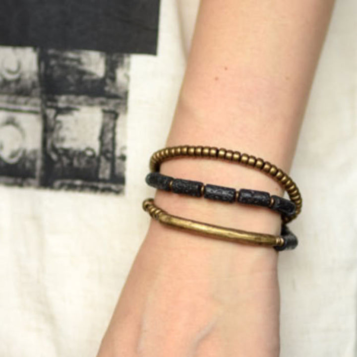 Bracciale avvolgente multistrato in perline di rame e roccia lavica vintage Buddha Stones