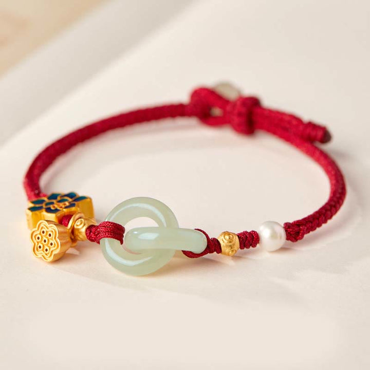 Braccialetto della fortuna con fibbia in corda intrecciata, giada Hetian , Buddha Stones, Lotus Peace