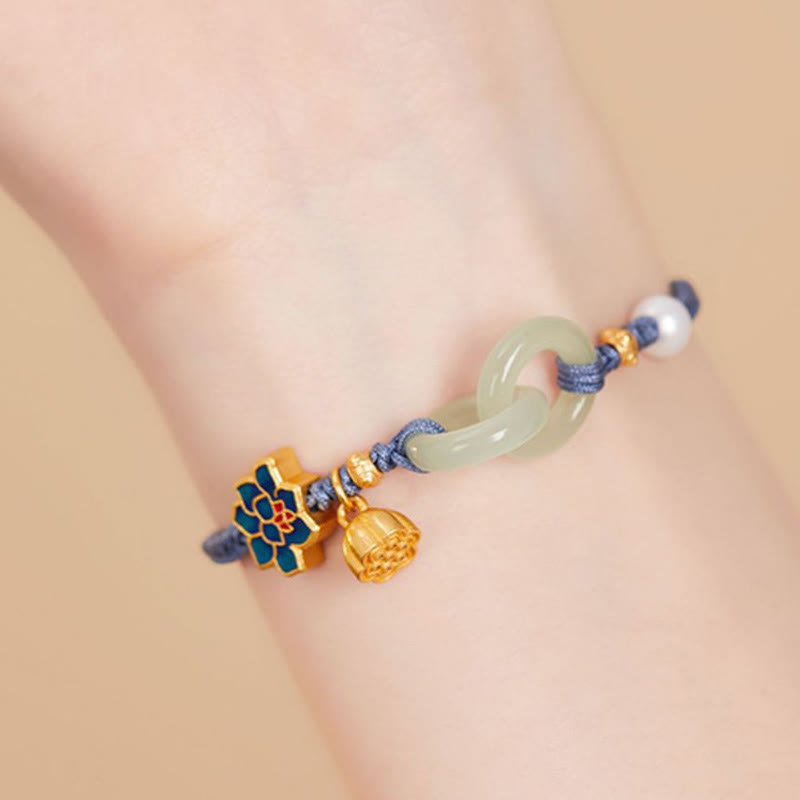 Braccialetto della fortuna con fibbia in corda intrecciata, giada Hetian , Buddha Stones, Lotus Peace