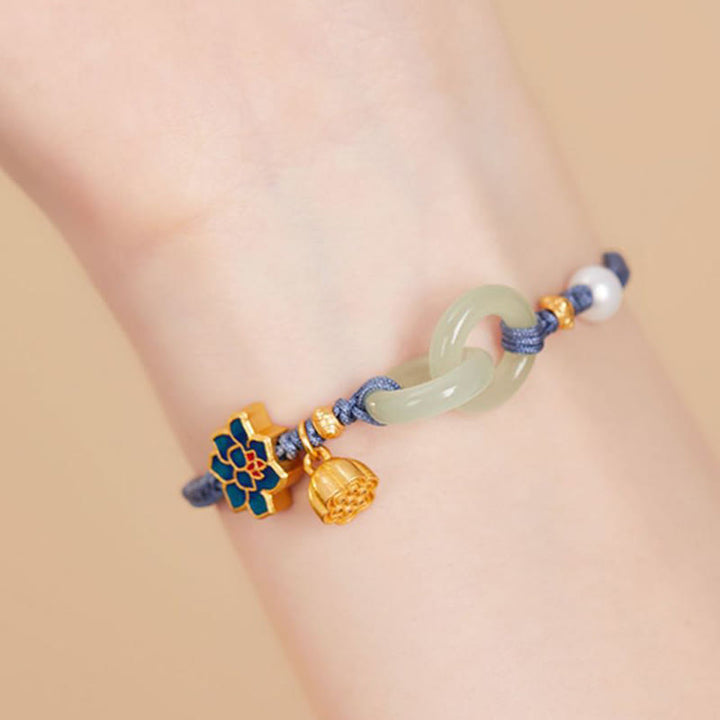 Braccialetto della fortuna con fibbia in corda intrecciata, giada Hetian , Buddha Stones, Lotus Peace