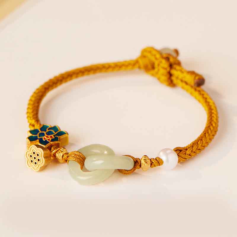 Braccialetto della fortuna con fibbia in corda intrecciata, giada Hetian , Buddha Stones, Lotus Peace
