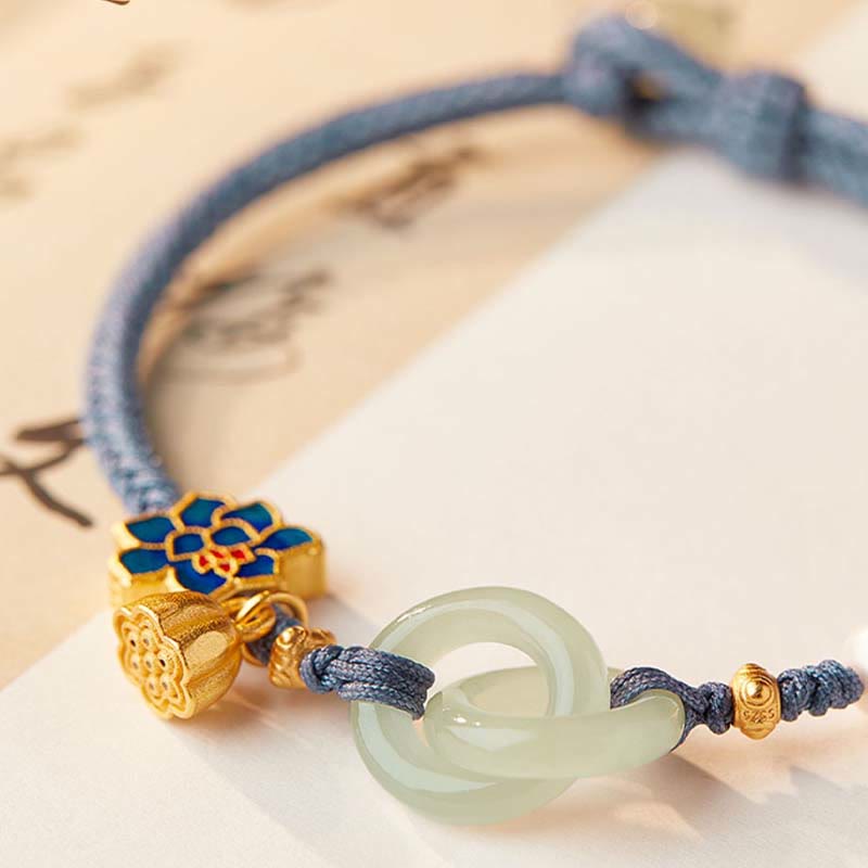 Braccialetto della fortuna con fibbia in corda intrecciata, giada Hetian , Buddha Stones, Lotus Peace