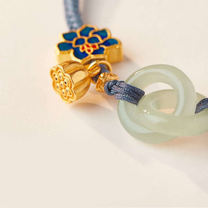 Braccialetto della fortuna con fibbia in corda intrecciata, giada Hetian , Buddha Stones, Lotus Peace