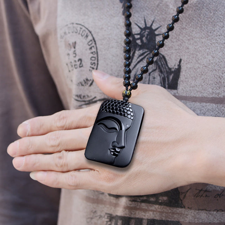 Collana con ciondolo di preghiera e purificazione della fortuna del Buddha Stones Natural Black Obsidian - image 10