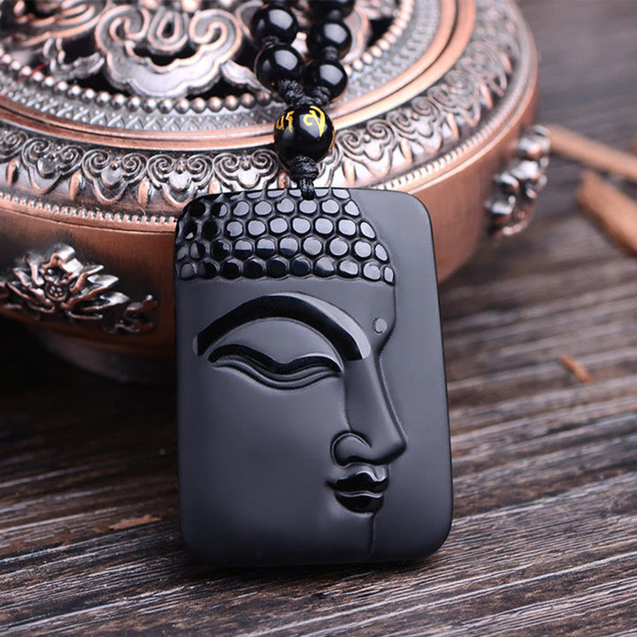Collana con ciondolo di preghiera e purificazione della fortuna del Buddha Stones Natural Black Obsidian - image 3