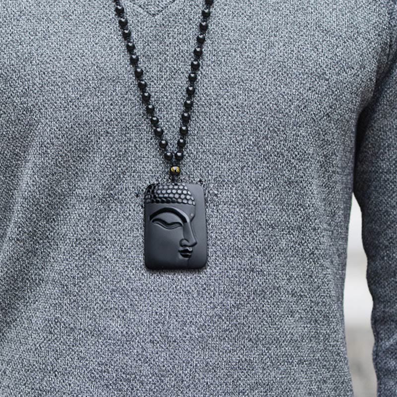 Collana con ciondolo di preghiera e purificazione della fortuna del Buddha Stones Natural Black Obsidian - image 5