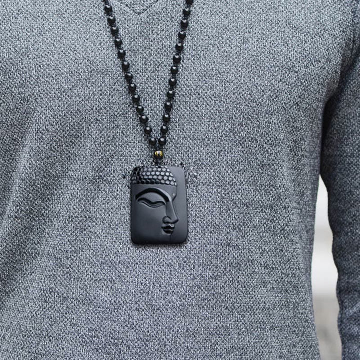 Collana con ciondolo di preghiera e purificazione della fortuna del Buddha Stones Natural Black Obsidian - image 5