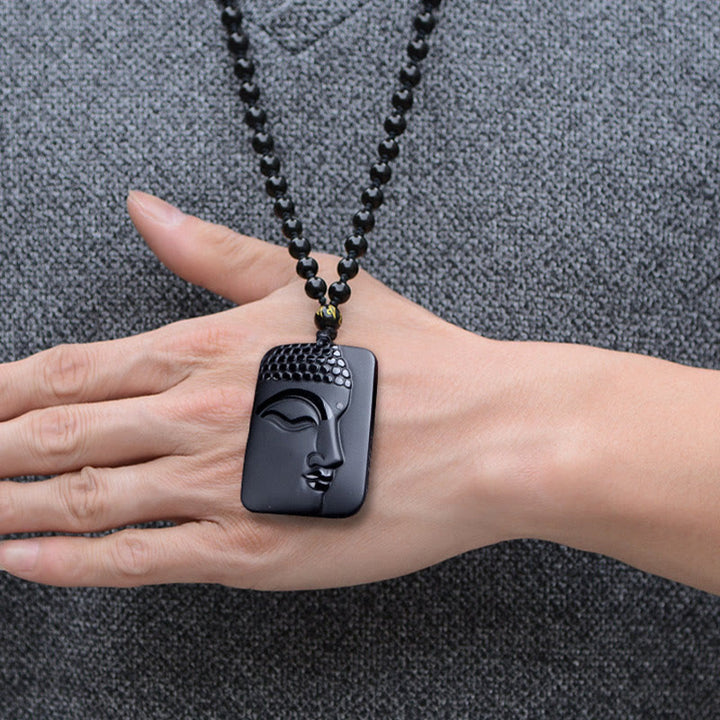 Collana con ciondolo di preghiera e purificazione della fortuna del Buddha Stones Natural Black Obsidian - image 4