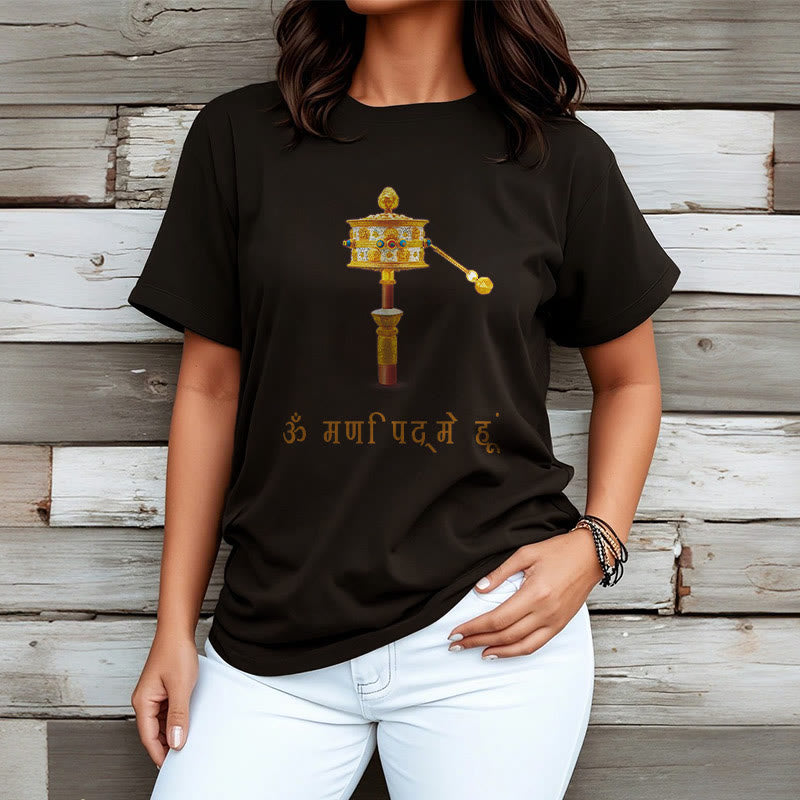 T-shirt con ruota di preghiera in sanscrito OM NAMAH SHIVAYA Buddha Stones