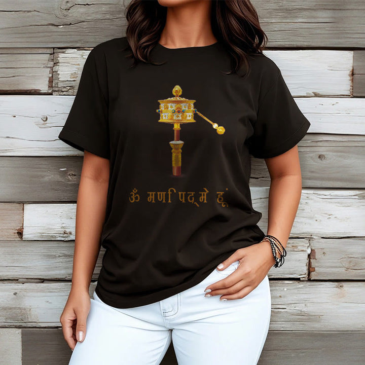 T-shirt con ruota di preghiera in sanscrito OM NAMAH SHIVAYA Buddha Stones