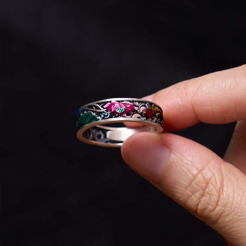 Buddha Stones 925 Sterling Silver Koi Fish Lotus Fortuna Tutto Va Bene Anello