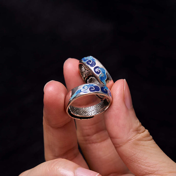 Anello regolabile in rame con motivo a nuvole di buon auspicio blu Buddha Stones