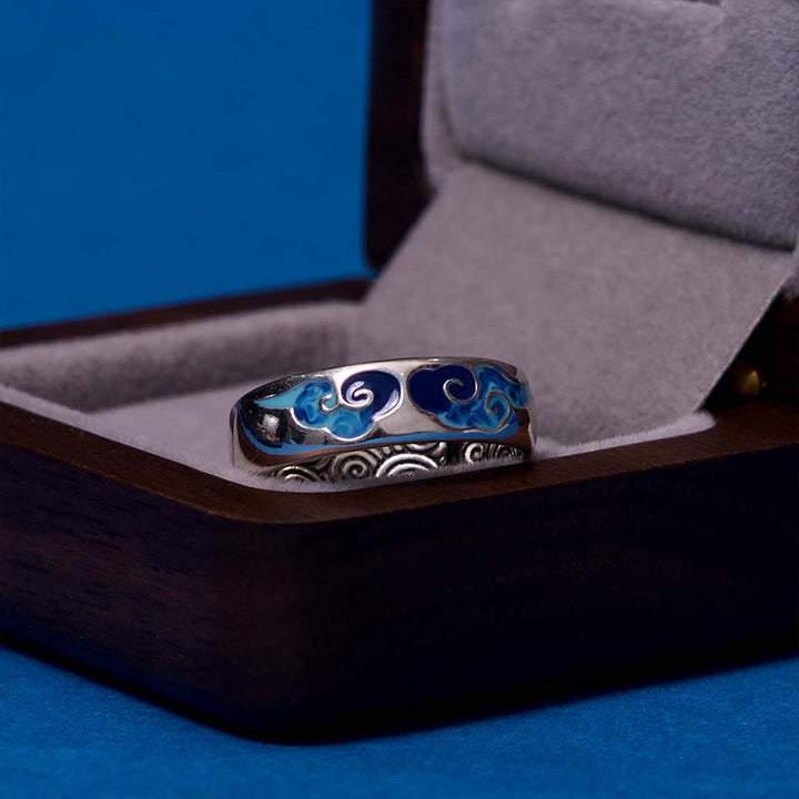 Anello regolabile in rame con motivo a nuvole di buon auspicio blu Buddha Stones