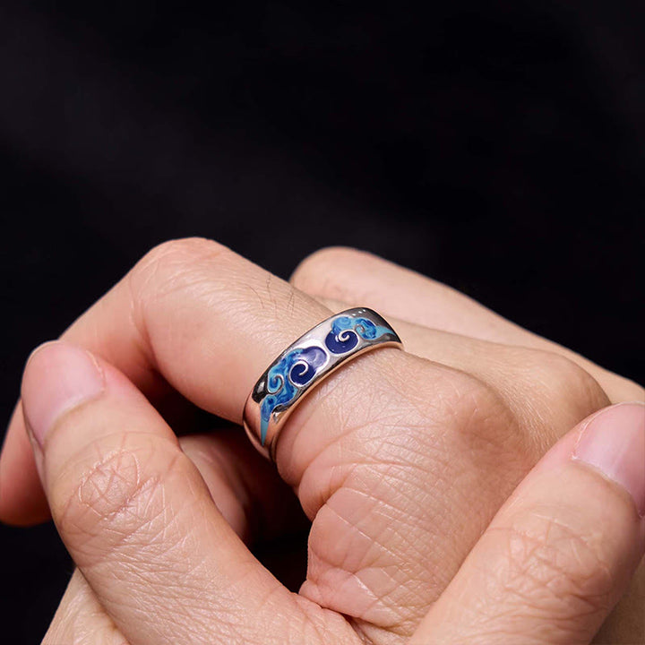 Anello regolabile in rame con motivo a nuvole di buon auspicio blu Buddha Stones