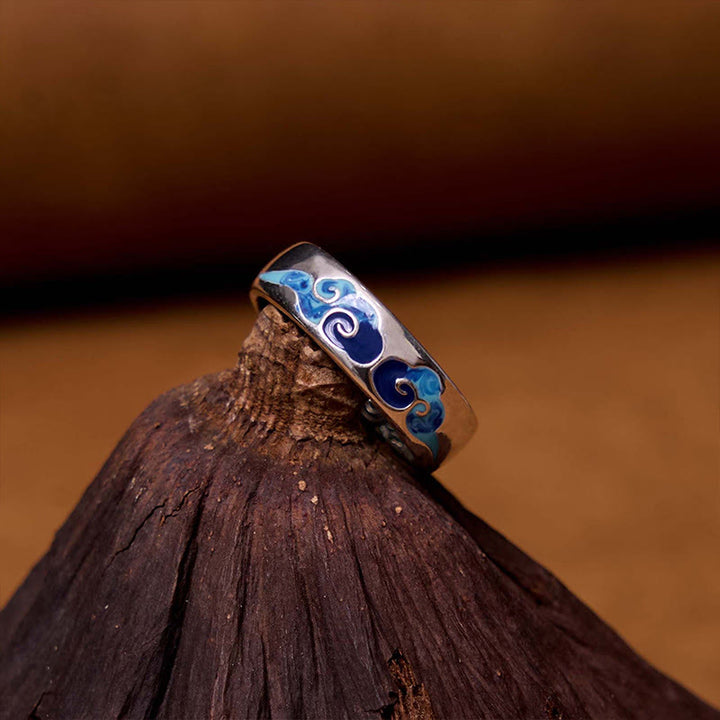 Anello regolabile in rame con motivo a nuvole di buon auspicio blu Buddha Stones