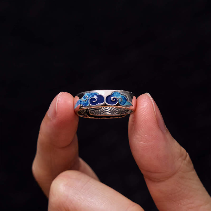 Anello regolabile in rame con motivo a nuvole di buon auspicio blu Buddha Stones
