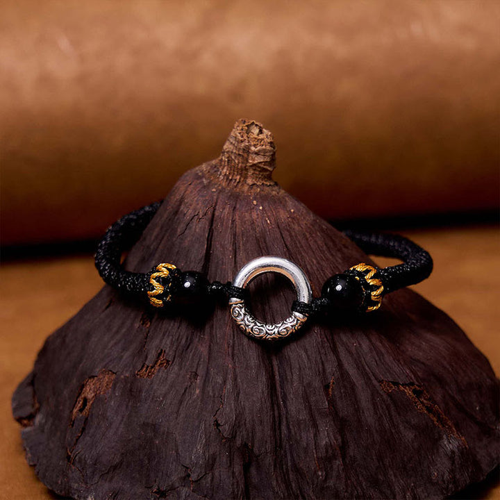 Braccialetto di corda intrecciata con fibbia di protezione in rame placcato argento sterling 925 Buddha Stones Peace