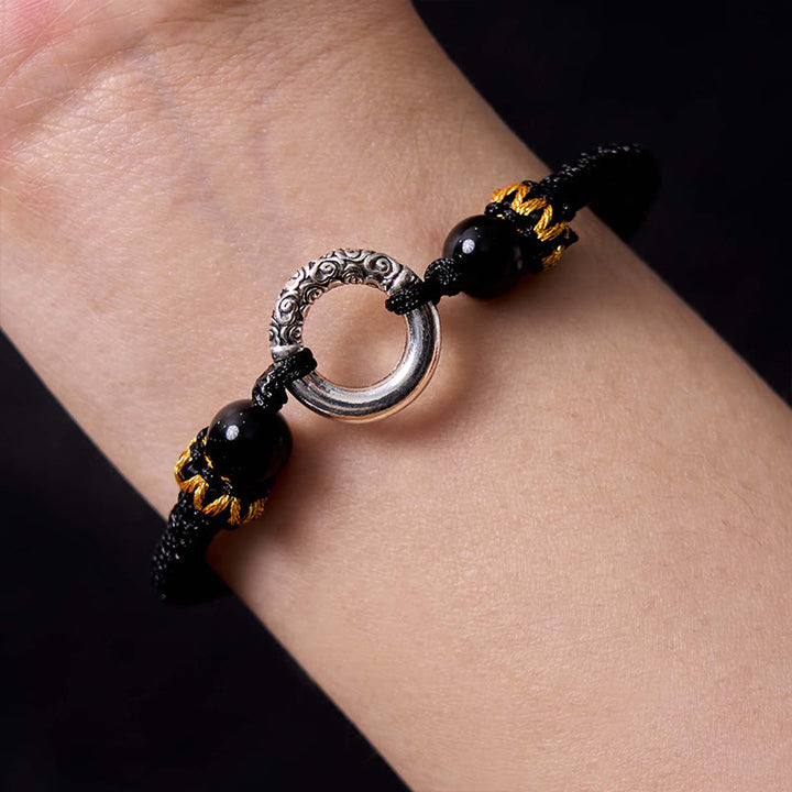 Braccialetto di corda intrecciata con fibbia di protezione in rame placcato argento sterling 925 Buddha Stones Peace