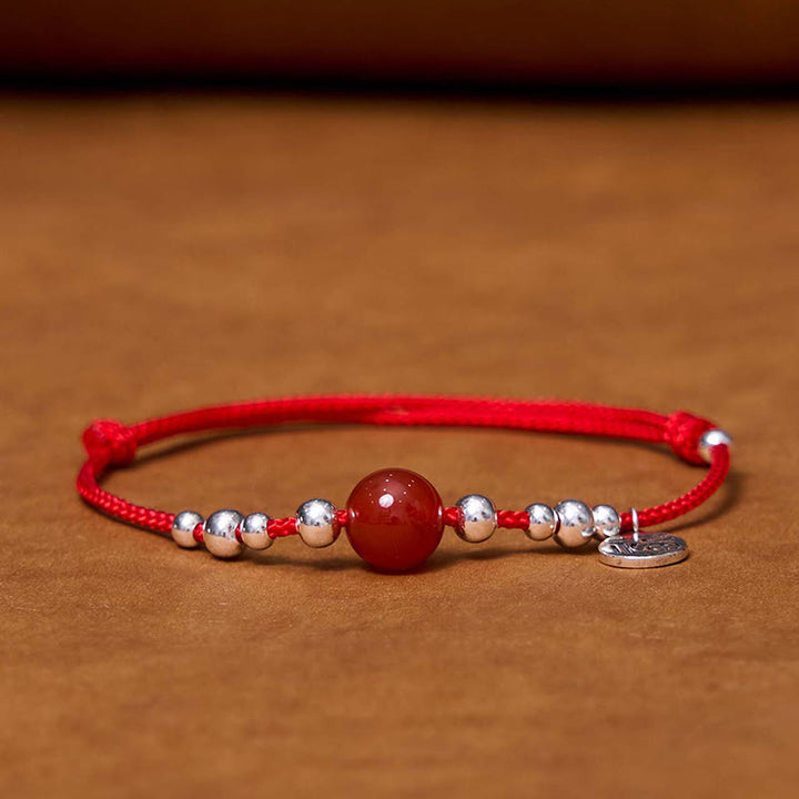 Braccialetto in corda intrecciata ultra sottile con carattere Fu in argento sterling 925 fatto a mano con Buddha Stones, agata rossa e ciondolo a forma di fortuna
