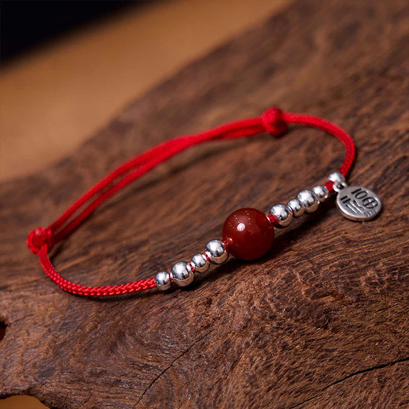 Braccialetto in corda intrecciata ultra sottile con carattere Fu in argento sterling 925 fatto a mano con Buddha Stones, agata rossa e ciondolo a forma di fortuna