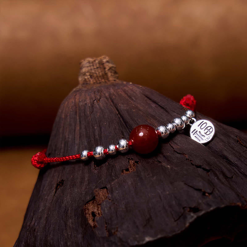 Braccialetto in corda intrecciata ultra sottile con carattere Fu in argento sterling 925 fatto a mano con Buddha Stones, agata rossa e ciondolo a forma di fortuna