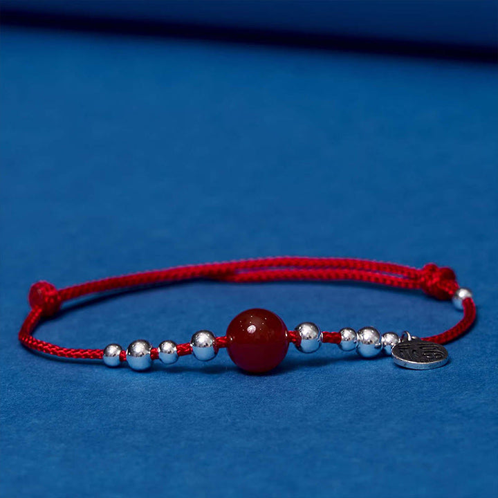 Braccialetto in corda intrecciata ultra sottile con carattere Fu in argento sterling 925 fatto a mano con Buddha Stones, agata rossa e ciondolo a forma di fortuna