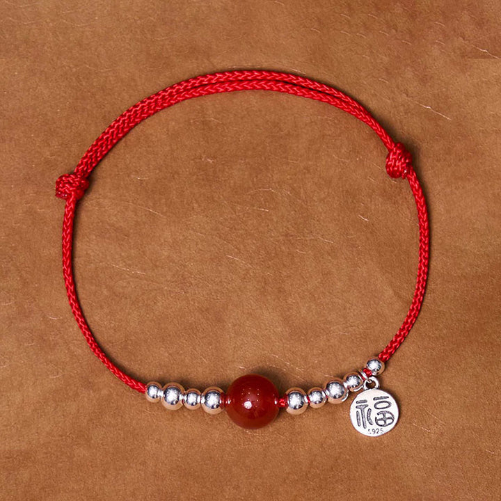 Braccialetto in corda intrecciata ultra sottile con carattere Fu in argento sterling 925 fatto a mano con Buddha Stones, agata rossa e ciondolo a forma di fortuna