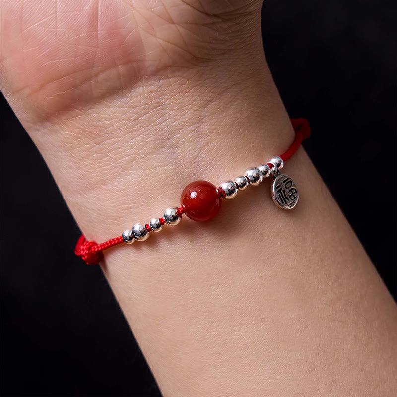 Braccialetto in corda intrecciata ultra sottile con carattere Fu in argento sterling 925 fatto a mano con Buddha Stones, agata rossa e ciondolo a forma di fortuna